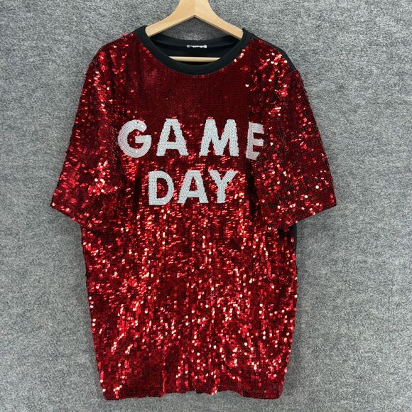 Why Tops - Why T-Shirt Women One Size Red Sequin Short Sleeve Crew Neck Pullover Casual